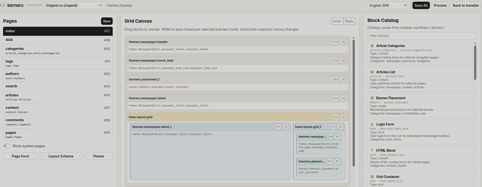 The page composer in the glook42 admin